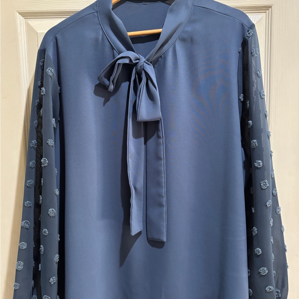 SHEIN Blue Tie-Neck Blouse with Textured Sleeves